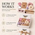 Surprise & Shine customisable gift box with makeup, scrunchies, necklace, and bamboo toothbrush. Build your own box in 3 steps.