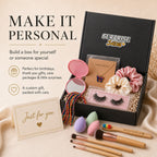 Surprise & Shine customizable gift box with butterfly necklace, false lashes, scrunchies, makeup brushes, sponges, mirror, and rainbow toothbrush.