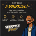 Surprise & Shine Snoop Box featuring Snoop Dogg illustration, handpicked quality items, and good vibes guaranteed.